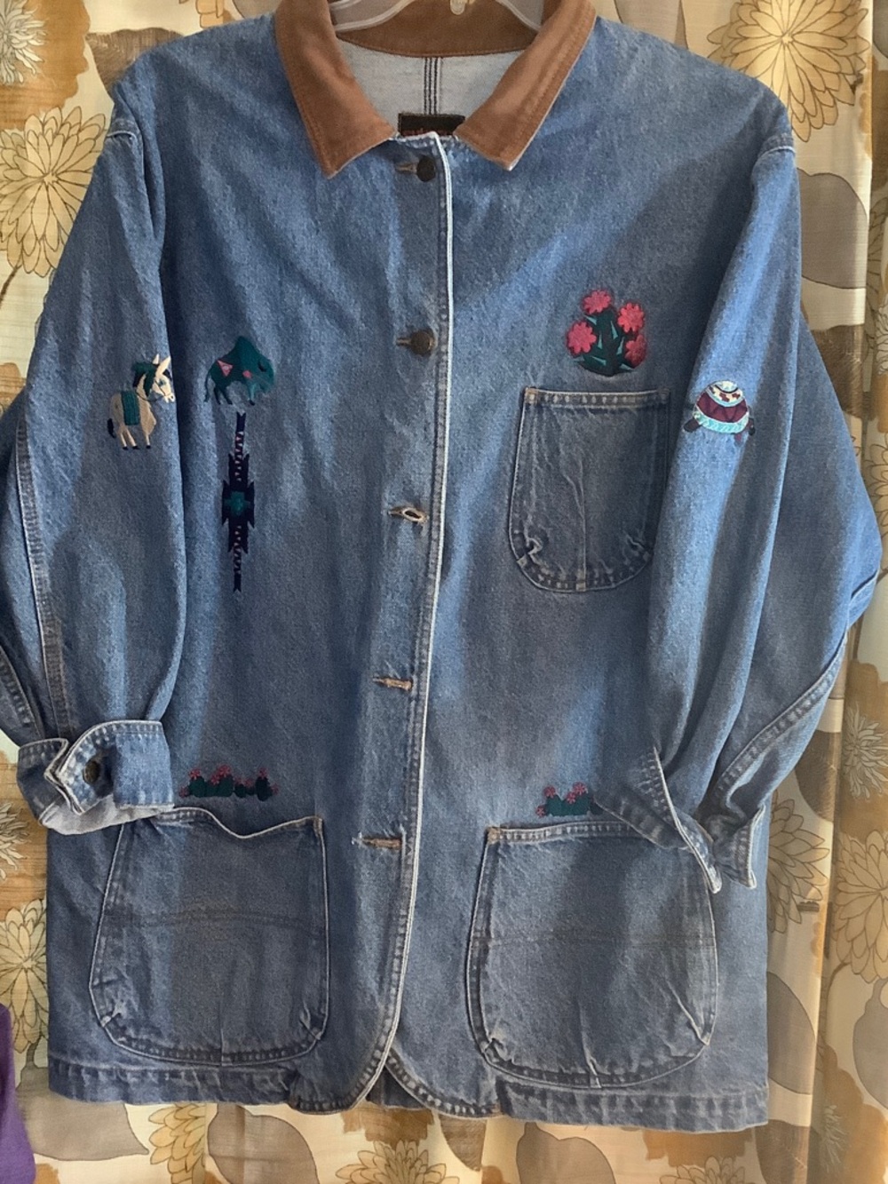 Vintage Embroidered Denim barn chore Jacket Brown Collar 1980-1990 southwestern - Picture 1 of 9